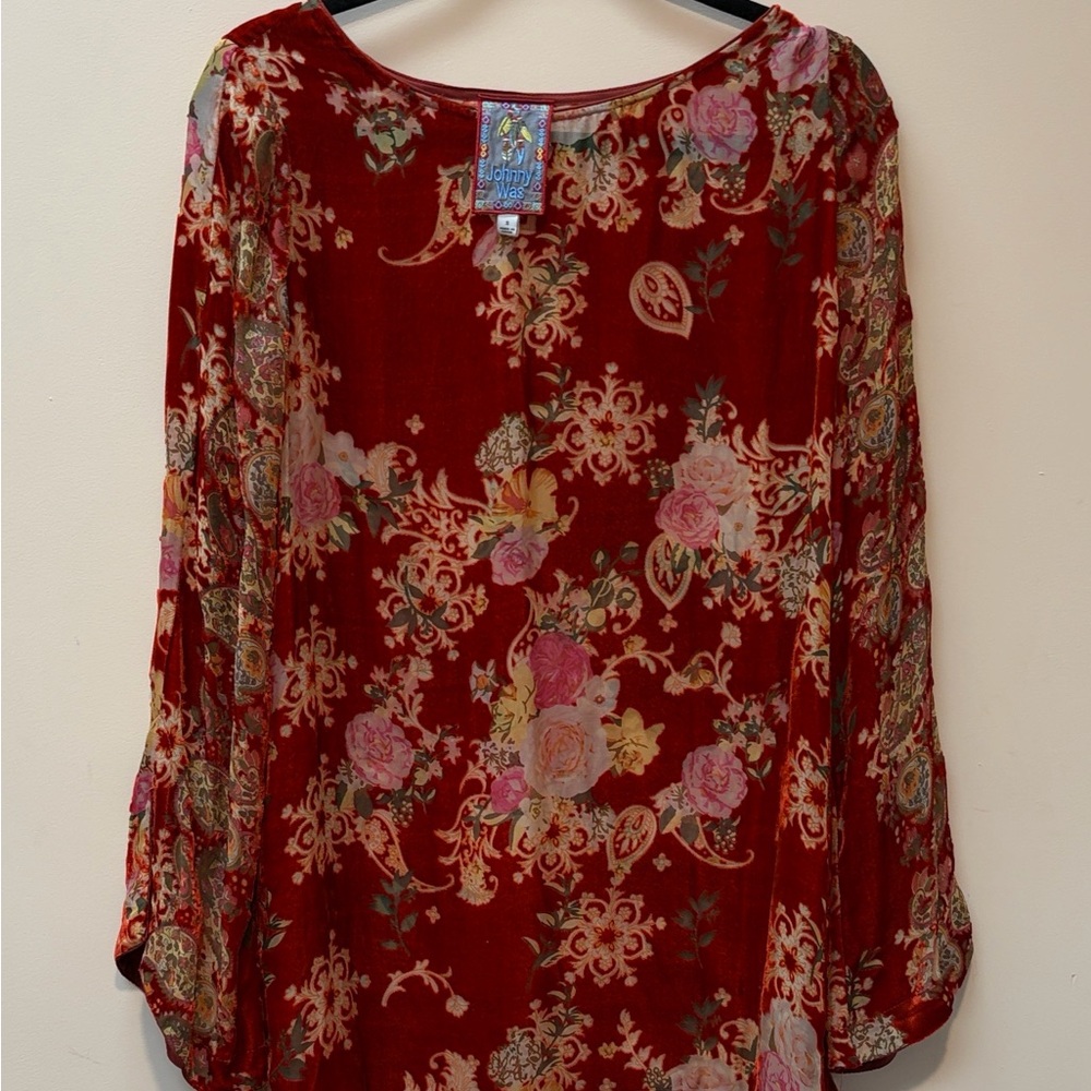Johnny Was Blouse Womens S Burgundy Floral Velvet Burnout Silk Blend C27923B9
